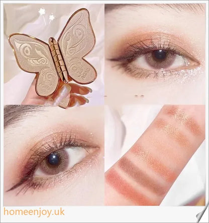 Butterfly-shaped eyeshadow palette with matte and glitter finishes in shades of chocolate, crimson, purple, and more