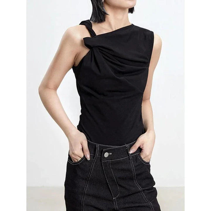 Elegant asymmetric tank top with unique folds, sleeveless high street fashion for the modern British woman