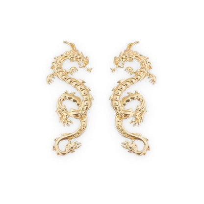 Magnificent golden dragon stud earrings with intricate details and a substantial, comfortable weight
