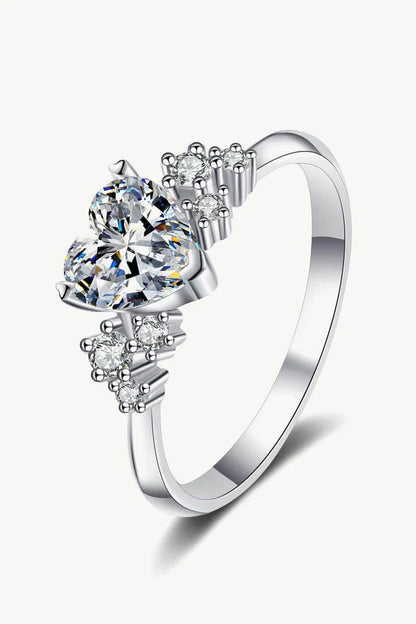 Elegant 1 carat moissanite heart-shaped ring with sterling silver setting and zircon accents