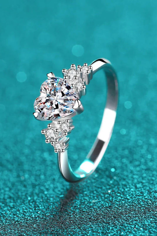 Elegant 1 carat moissanite heart-shaped ring with sterling silver setting and zircon accents