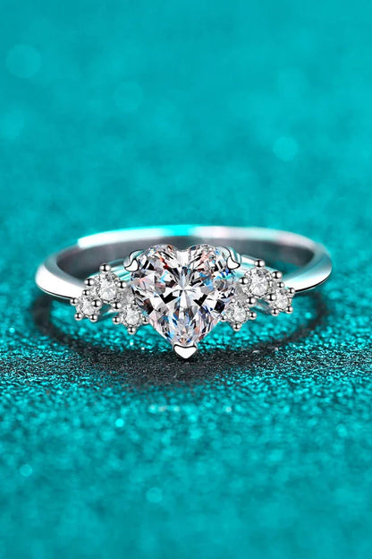 Elegant 1 carat moissanite heart-shaped ring with sterling silver setting and zircon accents