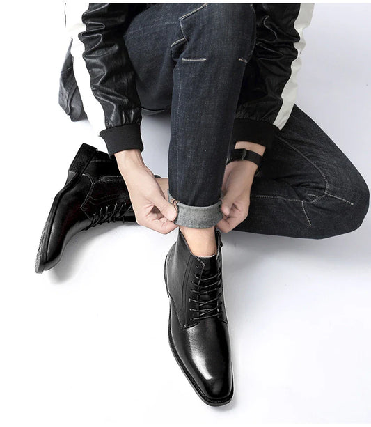 Sophisticated men's high-top business boots in premium British leather with a pointed toe and rubber soles for durability and traction