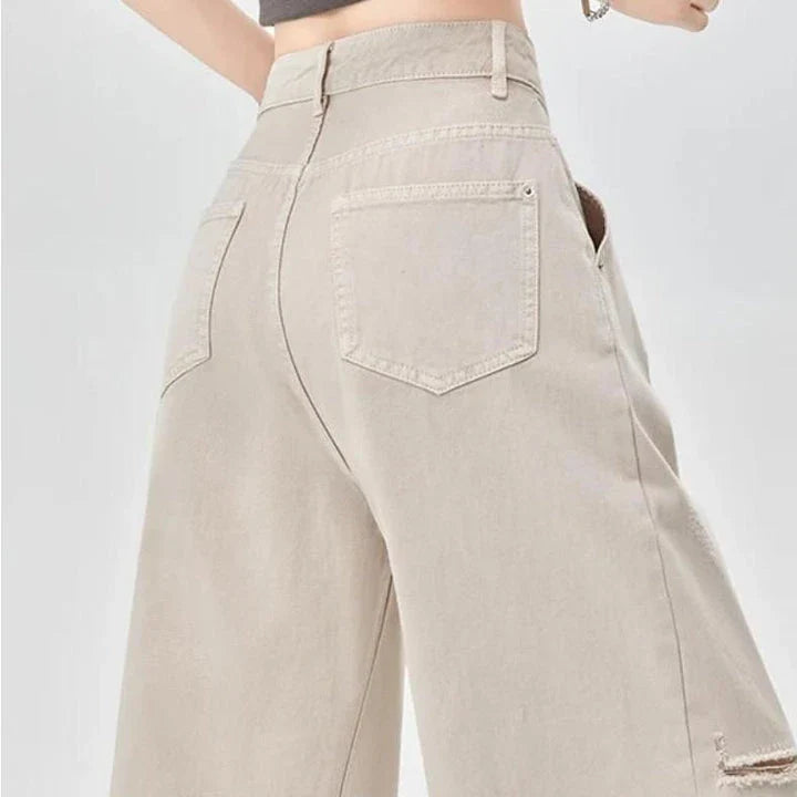High waist casual straight wide leg jeans with stylish design, light wash finish, and unique details