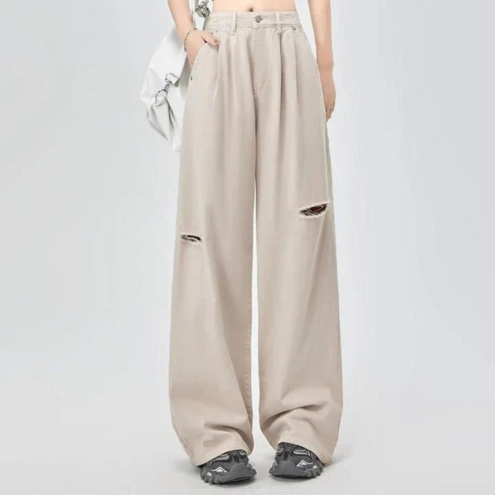 High waist casual straight wide leg jeans with stylish design, light wash finish, and unique details