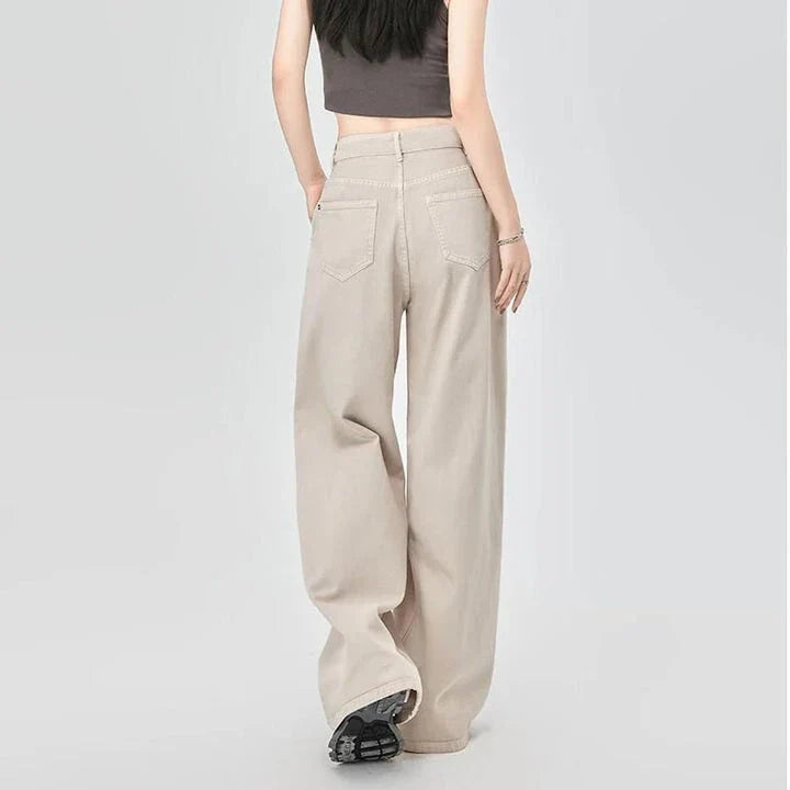 High waist casual straight wide leg jeans with stylish design, light wash finish, and unique details