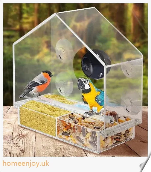 A clear bird feeder with a wireless camera that captures live footage of birds visiting the feeder