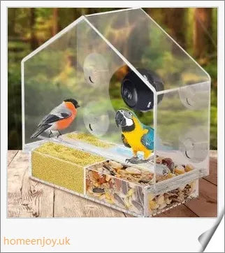 A clear bird feeder with a wireless camera that captures live footage of birds visiting the feeder