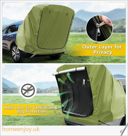 Weatherproof and versatile car trunk extension tent for outdoor adventures, with dual-layer design and secure magnetic fit