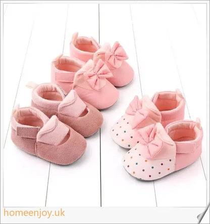 Baby Bowknot Baby Toddler Shoes in various sizes, made of breathable cotton with non-slip soles and Velcro fastening for easy wear