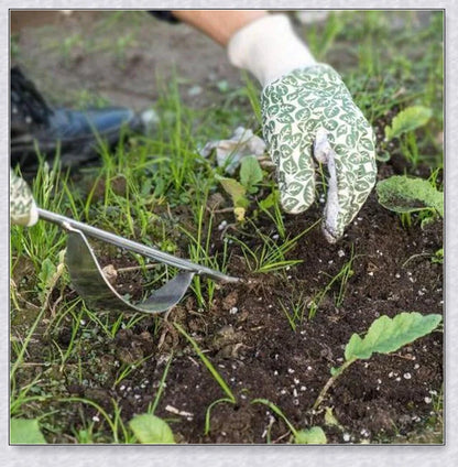 Stainless steel manual weed puller with curved base and sharp forks for efficient weed removal in UK gardens