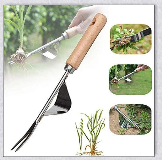 Stainless steel manual weed puller with curved base and sharp forks for efficient weed removal in UK gardens