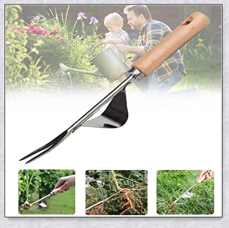 Stainless steel manual weed puller with curved base and sharp forks for efficient weed removal in UK gardens