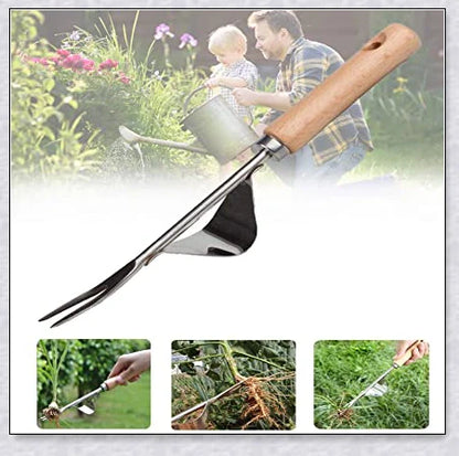Stainless steel manual weed puller with curved base and sharp forks for efficient weed removal in UK gardens
