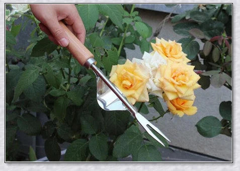 Stainless steel manual weed puller with curved base and sharp forks for efficient weed removal in UK gardens
