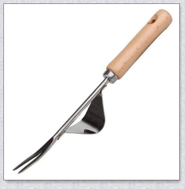 Stainless steel manual weed puller with curved base and sharp forks for efficient weed removal in UK gardens