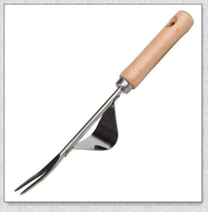 Stainless steel manual weed puller with curved base and sharp forks for efficient weed removal in UK gardens
