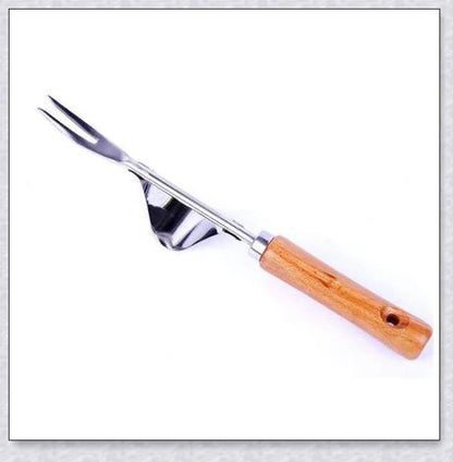 Stainless steel manual weed puller with curved base and sharp forks for efficient weed removal in UK gardens