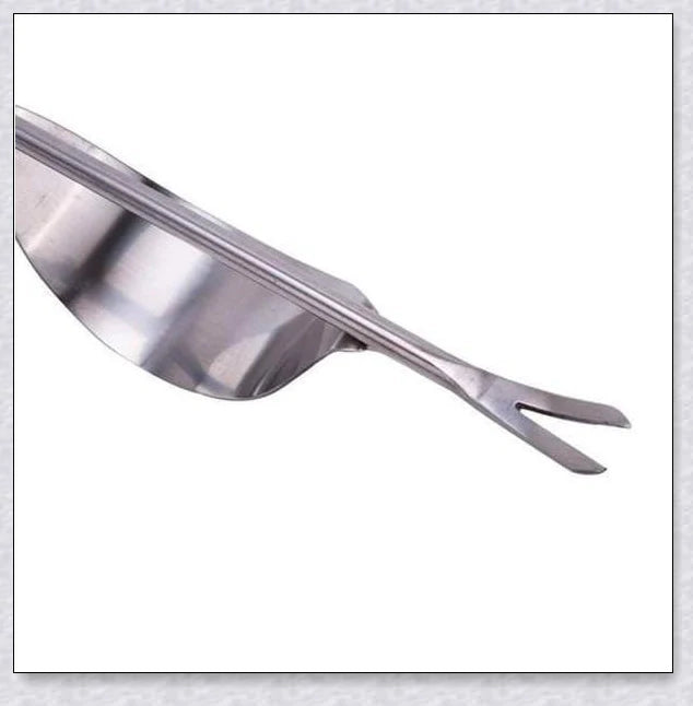 Stainless steel manual weed puller with curved base and sharp forks for efficient weed removal in UK gardens