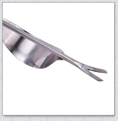 Stainless steel manual weed puller with curved base and sharp forks for efficient weed removal in UK gardens