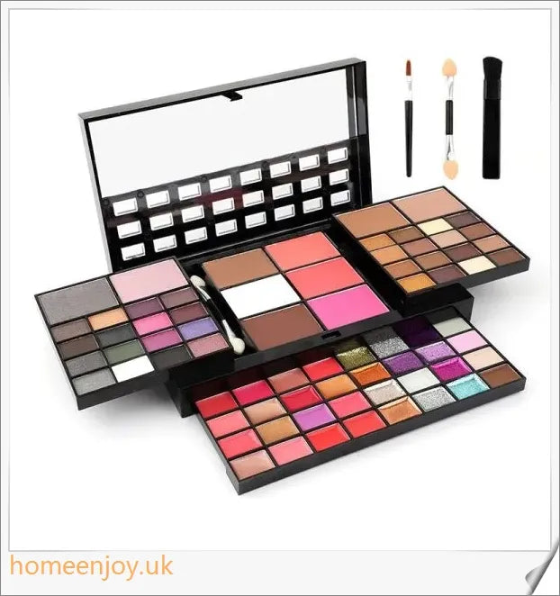 A comprehensive 74-colour makeup palette with eye shadows, lip glosses, blushes, and glitter sequins for a flawless, radiant look