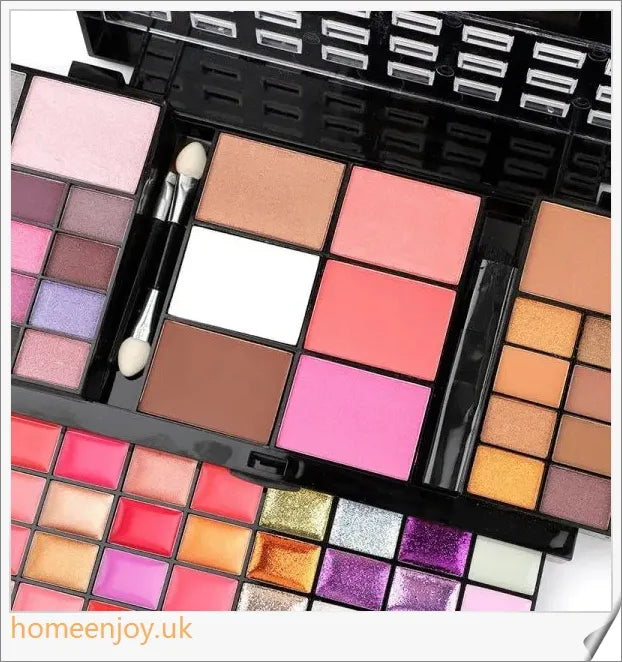A comprehensive 74-colour makeup palette with eye shadows, lip glosses, blushes, and glitter sequins for a flawless, radiant look