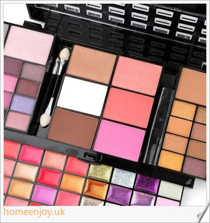 A comprehensive 74-colour makeup palette with eye shadows, lip glosses, blushes, and glitter sequins for a flawless, radiant look