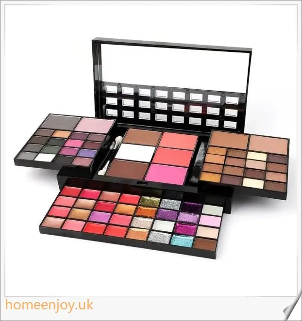 A comprehensive 74-colour makeup palette with eye shadows, lip glosses, blushes, and glitter sequins for a flawless, radiant look