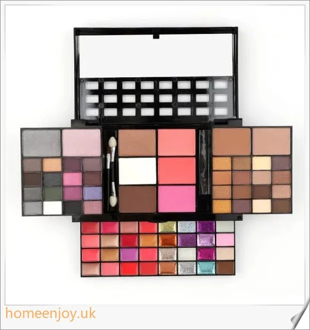 A comprehensive 74-colour makeup palette with eye shadows, lip glosses, blushes, and glitter sequins for a flawless, radiant look