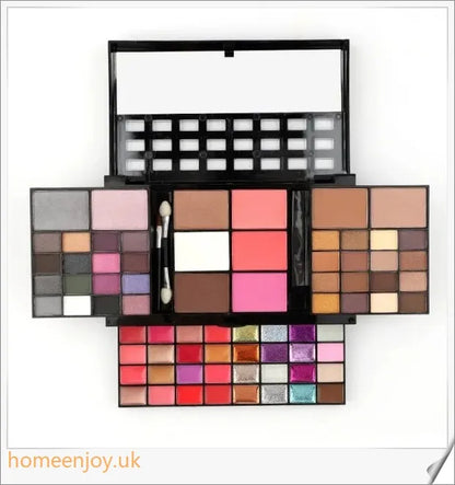 A comprehensive 74-colour makeup palette with eye shadows, lip glosses, blushes, and glitter sequins for a flawless, radiant look