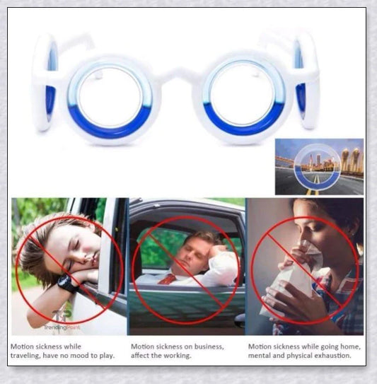 A pair of black motion sickness glasses with a blue liquid-filled ring to create an artificial horizon and relieve nausea, dizziness, and vertigo during travel.