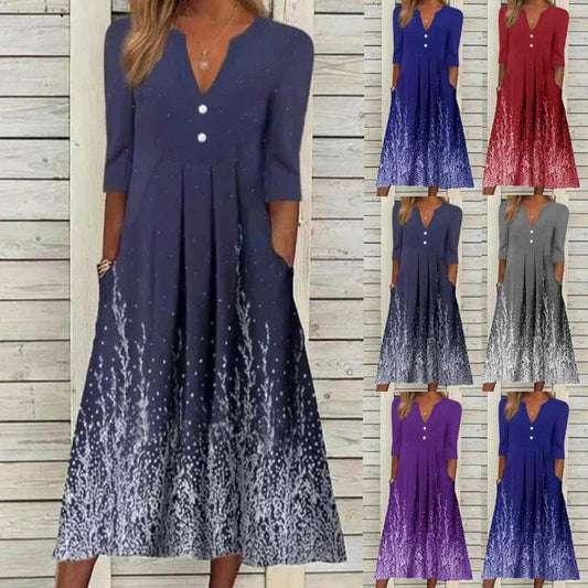 A sophisticated digital printed v-neck long-sleeved dress in vibrant colours, perfect for any occasion.