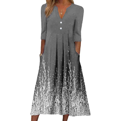 A sophisticated digital printed v-neck long-sleeved dress in vibrant colours, perfect for any occasion.
