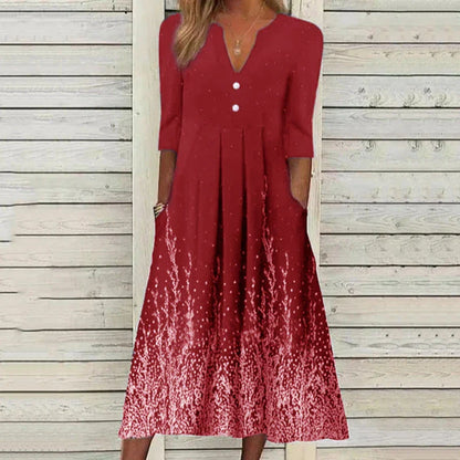 A sophisticated digital printed v-neck long-sleeved dress in vibrant colours, perfect for any occasion.