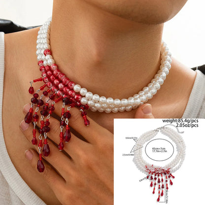 Men's Halloween blood drop tassel necklace with artificial crystal pendant and imitation pearl chain