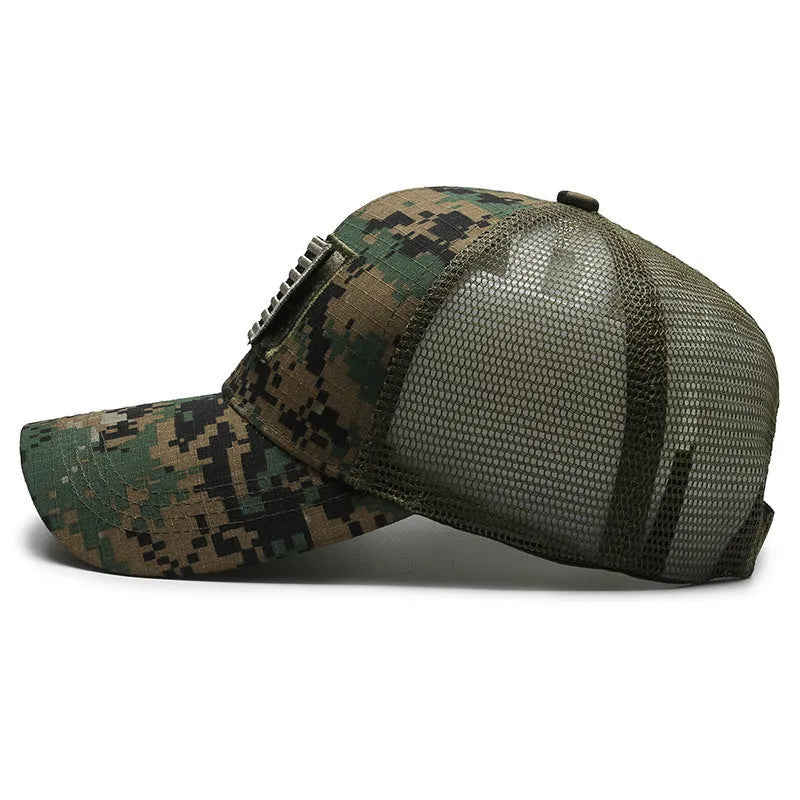 Adjustable camouflage baseball cap with Velcro closure and machine embroidery detailing