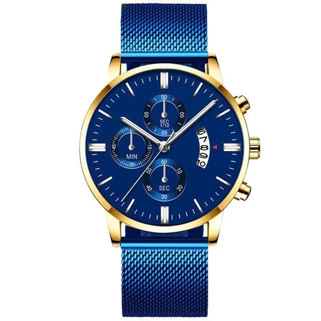 Men's stainless steel mesh band quartz watch with analog dial on a wrist.