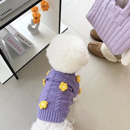 Purple flower print knitted dog clothing shown on small dog with size indicators