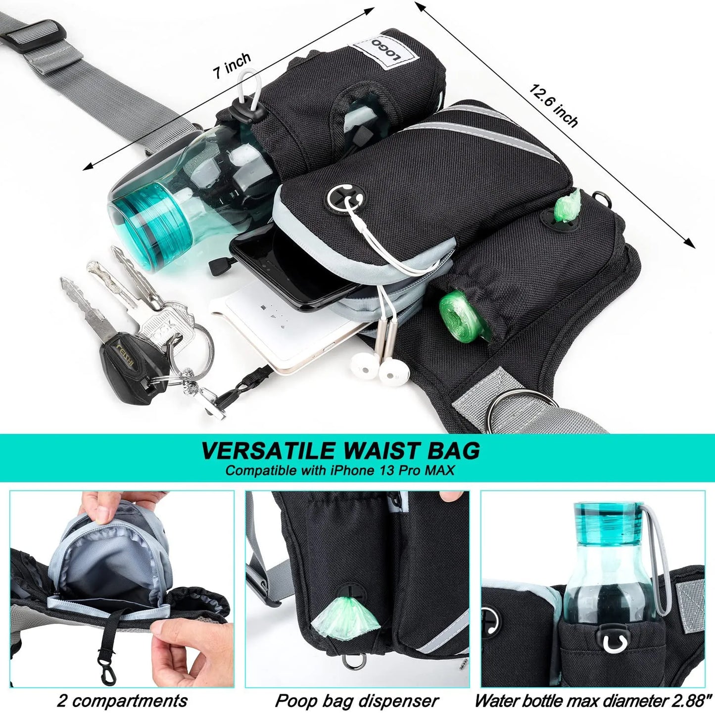 Black nylon dog walking set with adjustable waist bag, leash, and collar for outdoor pet training