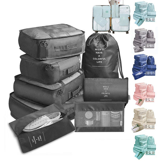 8-piece set of travel packing organisers in various colours for efficient luggage packing