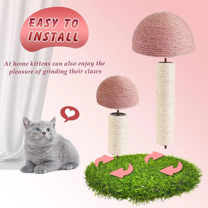 Pink mushroom-shaped cat scratching post with natural sisal caps and pole for small cats.