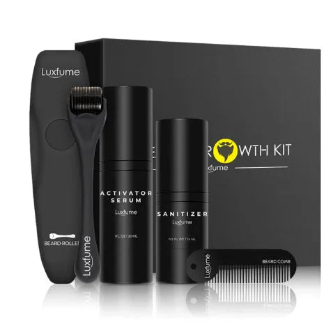 Beard care kit with 30ml growth solution, 15ml disinfectant, titanium alloy roller and zinc alloy comb, 21.2x21x4.9cm