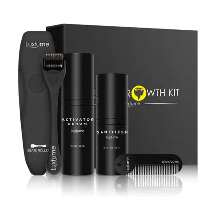 Beard care kit with 30ml growth solution, 15ml disinfectant, titanium alloy roller and zinc alloy comb, 21.2x21x4.9cm