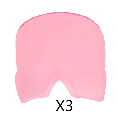 Black elastic cloth gel cold compress eye mask for headache relief on a grey background.