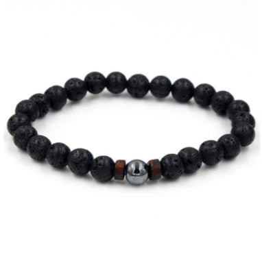 A stylish and durable men's bracelet made with volcanic stone, flash stone, and wood chips