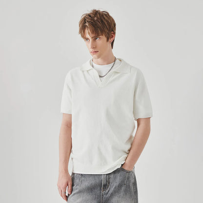 Knitted short-sleeved polo collar casual T-shirt in a solid colour on a hanger.