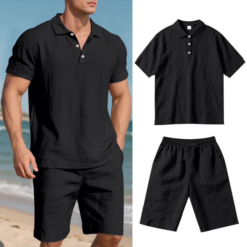 Men's light blue linen-blend short sleeve shirt and matching shorts casual summer suit set