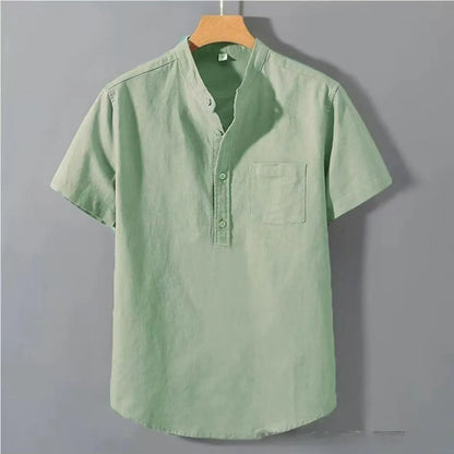 Men's casual beige linen-cotton shirt with stand collar and short sleeves on a hanger