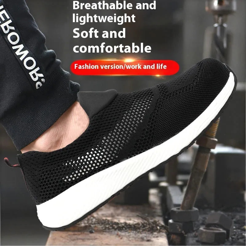 Men's lightweight anti-smash steel toe work safety shoes with anti-puncture protection in black blue red colour options for machinery chemical industry workplaces