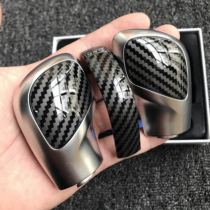 Carbon fibre gear shift side cover for Volkswagen DSG transmission with leather knob